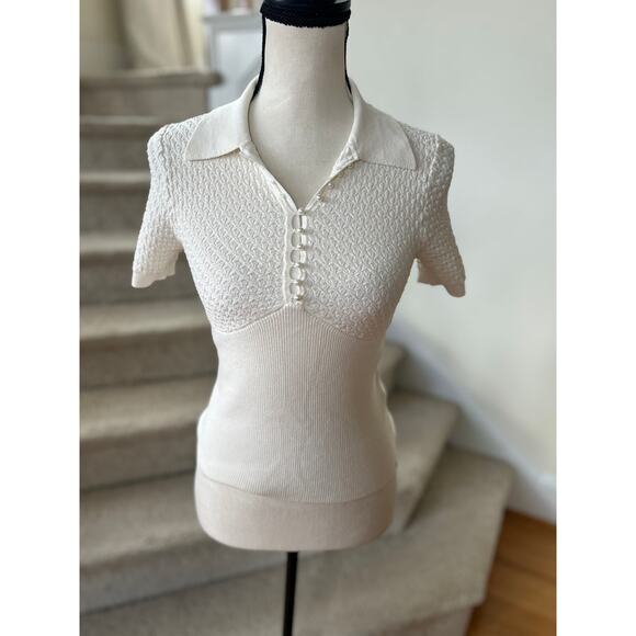 Sandro Paris White Knit Pearl Button Short Sleeve Collared Babydoll Sweater - Picture 1 of 9